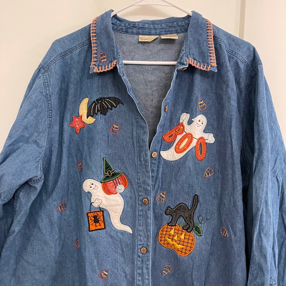 Vintage Denim Halloween Ghost Button Down Shirt Grandmacore 90s Fall